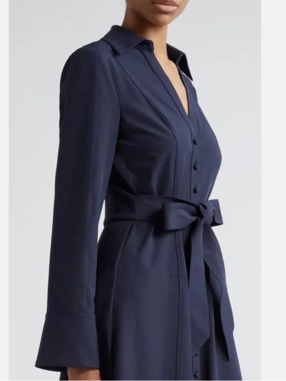 CINQ à SEPT   Kyla Long Sleeve Belted Midi Button Down Shirt Dress in Navy - Picture 4 of 8